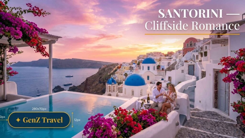 Santorini Oia sunset with blue domed churches and cliffside cave hotels, best honeymoon destinations in Europe 2026