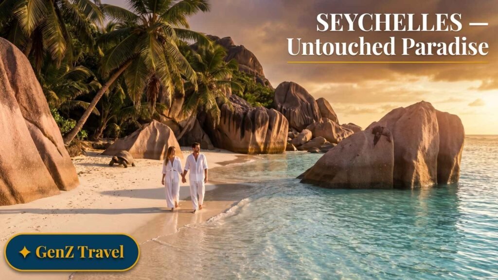 Seychelles La Digue beach with pink granite boulders and turquoise water, best luxury honeymoon destination in Indian Ocean