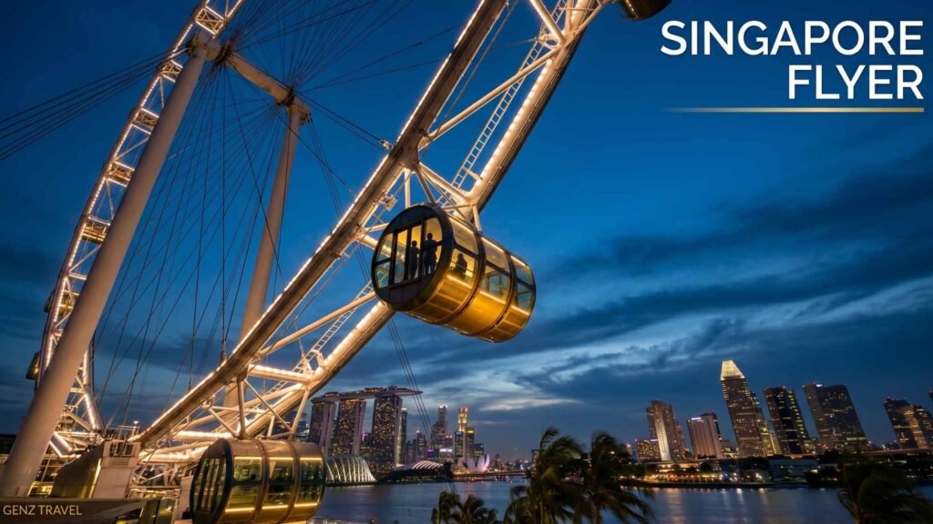 Blue hour view of the Singapore Flyer glowing above the Marina Bay skyline and waterfront.