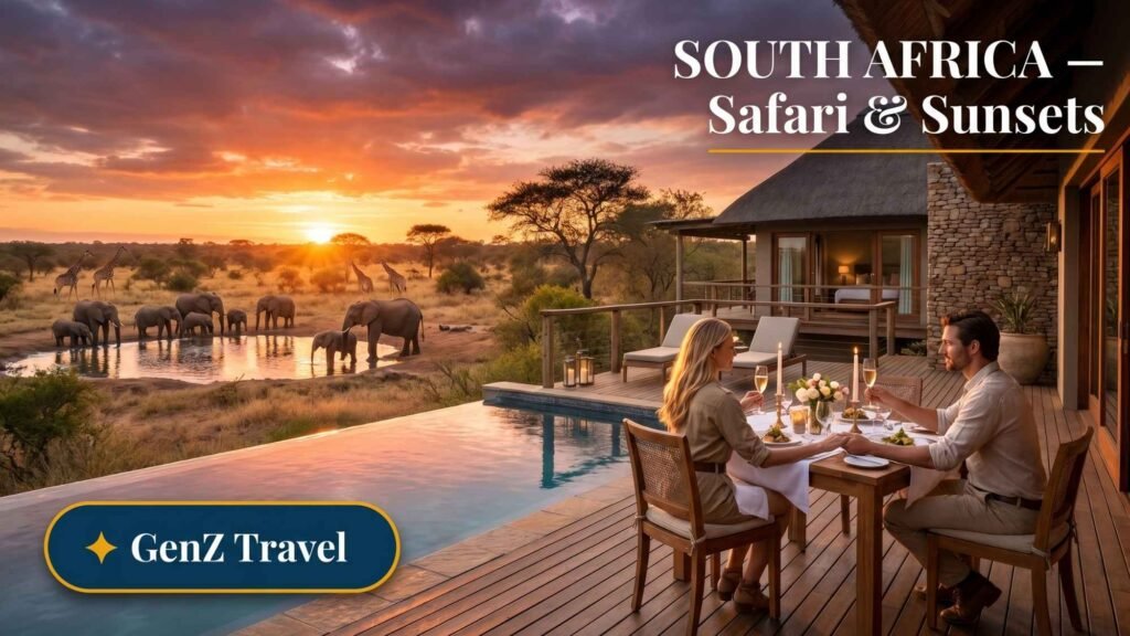 South Africa luxury safari lodge infinity pool overlooking elephants at sunset, best adventure honeymoon destination 2026