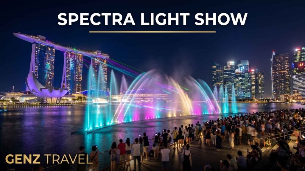 Night-time Spectra light and water show at Marina Bay Sands with colorful lasers reflecting across the bay.