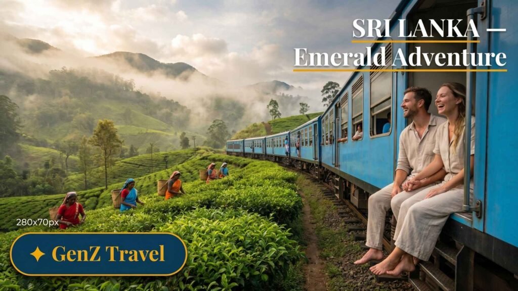 Ella blue train through emerald tea plantations in Sri Lanka highlands, romantic adventure honeymoon destination 2026