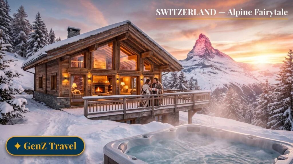 Swiss Alps luxury chalet with snowy mountain views and outdoor jacuzzi, romantic winter honeymoon destination in Switzerland