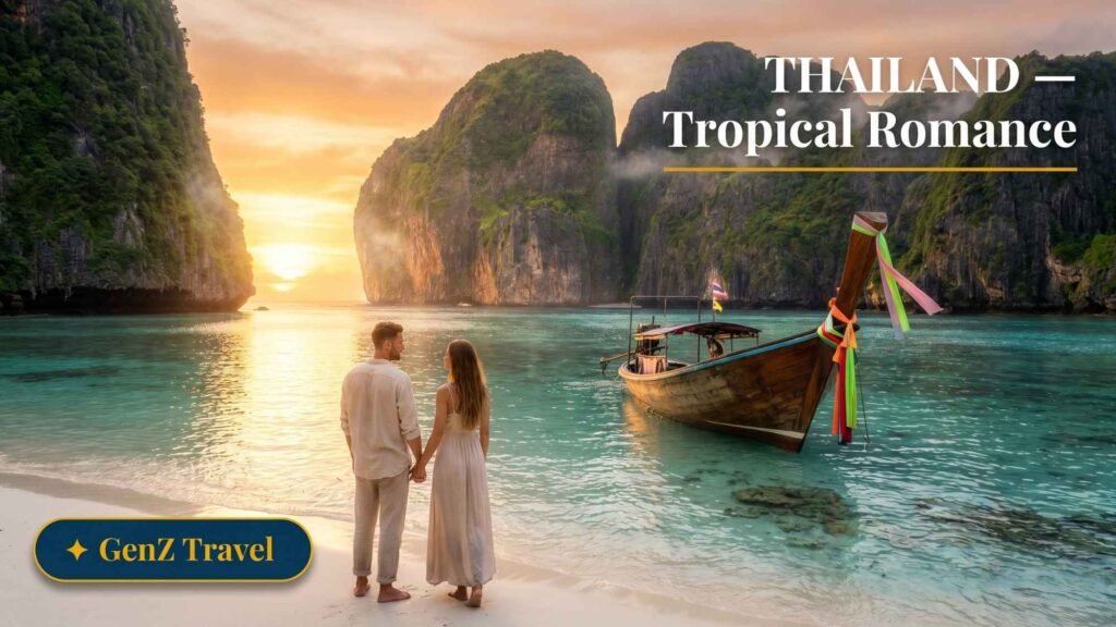 Traditional Thai longtail boat at Phi Phi Islands turquoise water, best tropical honeymoon destination for UK couples 2026