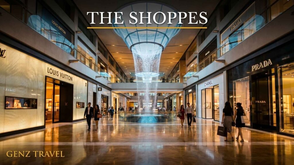 Luxury interior of The Shoppes at Marina Bay Sands featuring the dramatic Rain Oculus installation.