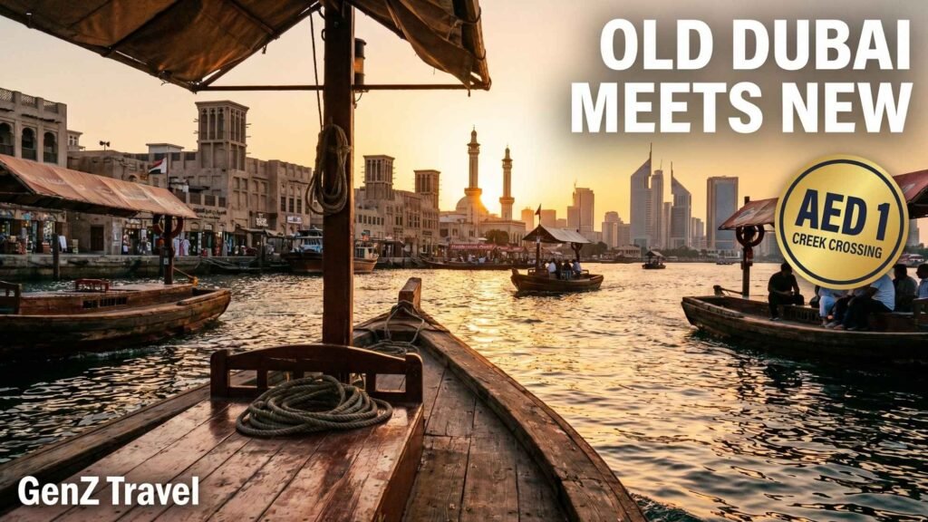 Creek
Traditional wooden abra crossing Dubai Creek for AED 1, with old Deira and the modern skyline visible in the background.