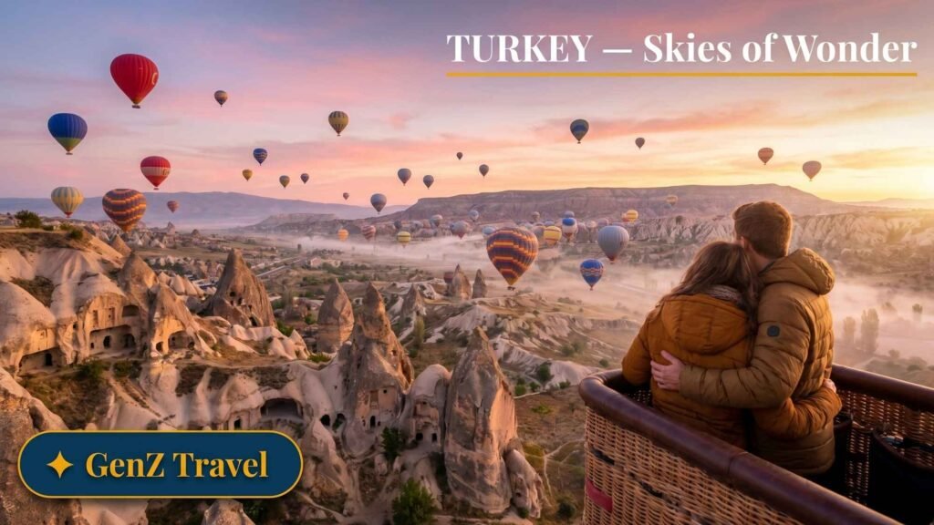 Cappadocia Turkey hot air balloons over fairy chimneys at sunrise, best budget honeymoon destination for UK couples 2026