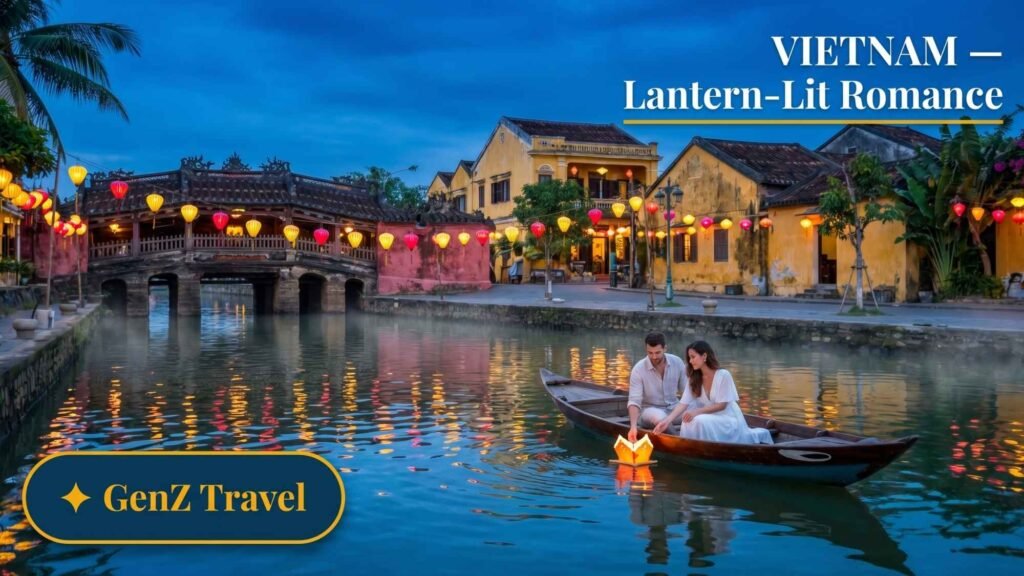 Hoi An ancient town glowing lanterns over Thu Bon river at night, affordable romantic honeymoon destination in Vietnam