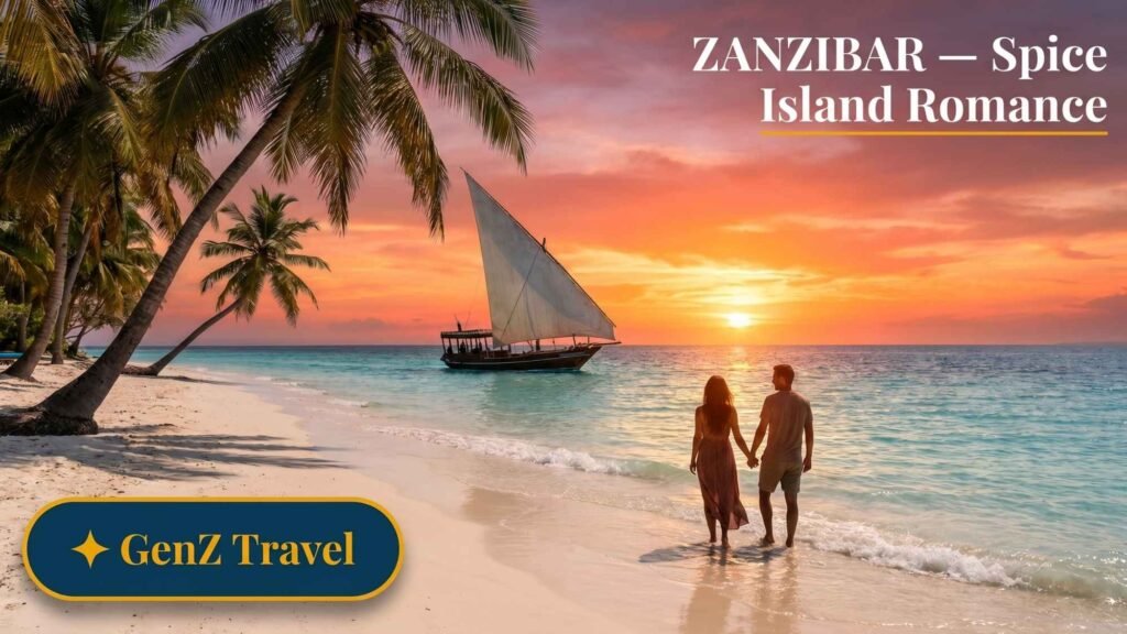 Zanzibar Nungwi beach sunset with traditional dhow sailing boat, exotic African honeymoon destination for UK couples 2026