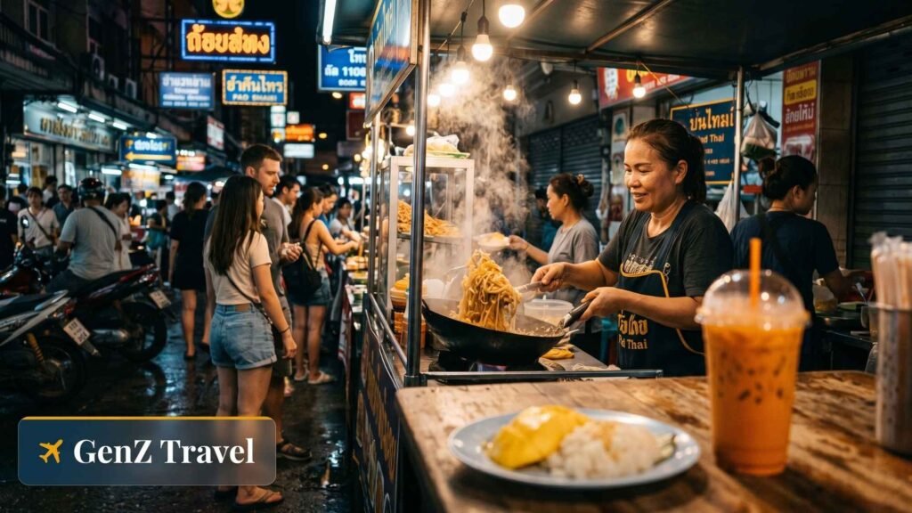 Bangkok night street food market in Thailand with Pad Thai, mango sticky rice and local vendors showing affordable food prices for travellers