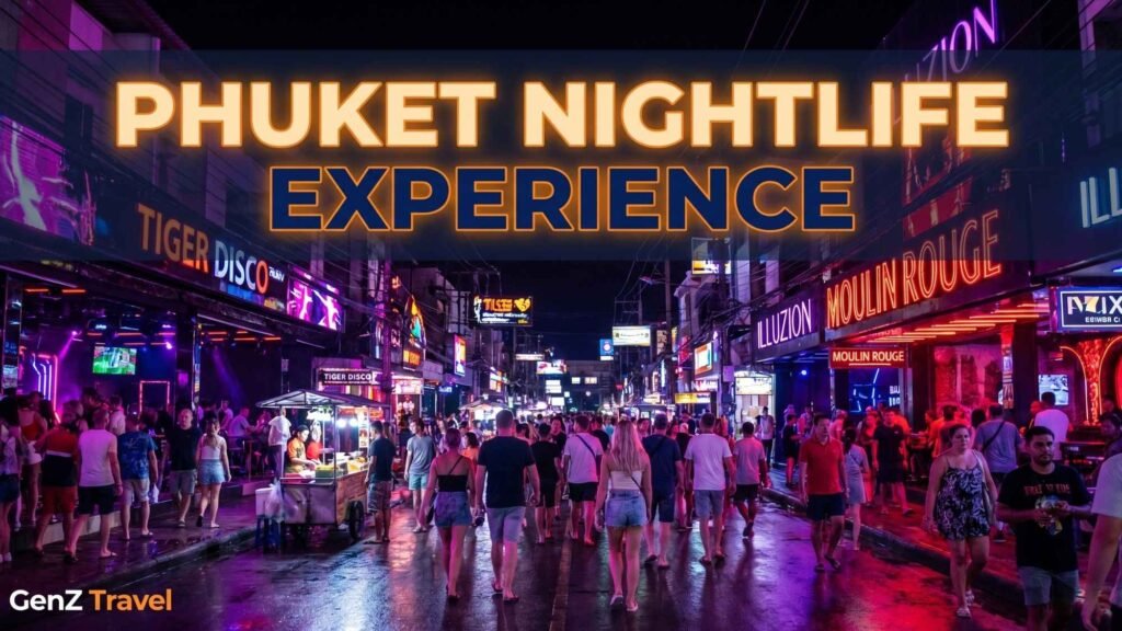Bangla Road Patong nightlife scene with neon lights, crowded streets, and vibrant atmosphere in Phuket Thailand