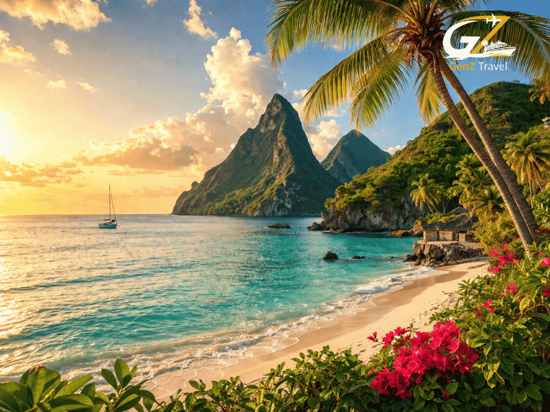 Tropical Caribbean beach with turquoise water, white sand, palm trees, and volcanic mountains under a clear blue sky