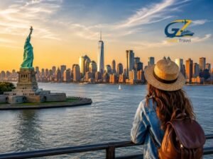 Female traveller watching the New York skyline and Statue of Liberty, representing the best places to visit in USA for UK travellers