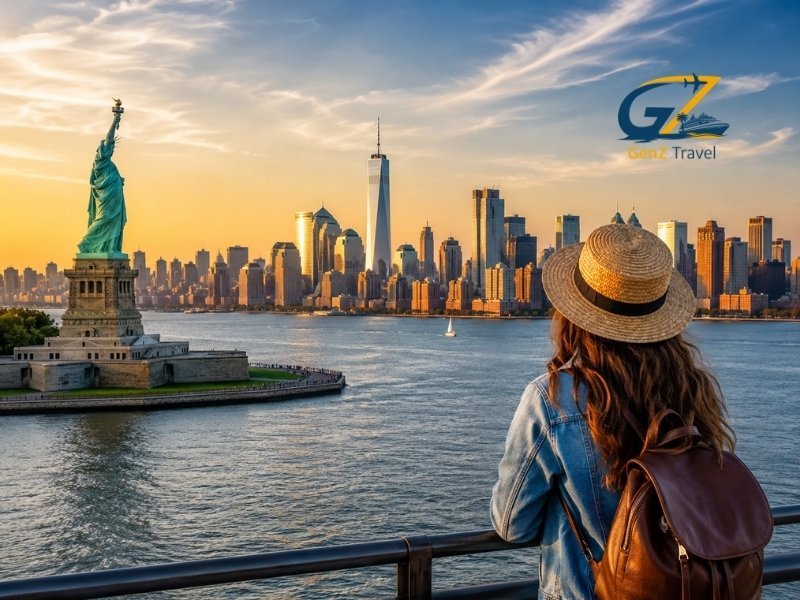 Female traveller watching the New York skyline and Statue of Liberty, representing the best places to visit in USA for UK travellers
