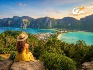 Woman overlooking tropical Thailand islands with turquoise water and limestone cliffs during golden sunset