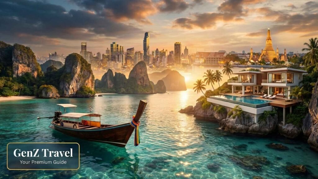Best time to visit Thailand in 2026 featuring Phuket beaches, Bangkok skyline and luxury island resorts