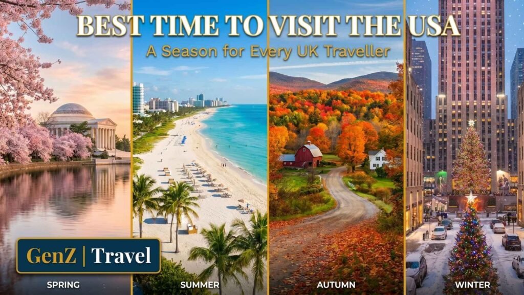 Four seasons in the USA showing spring, summer, autumn and winter travel destinations for UK travellers