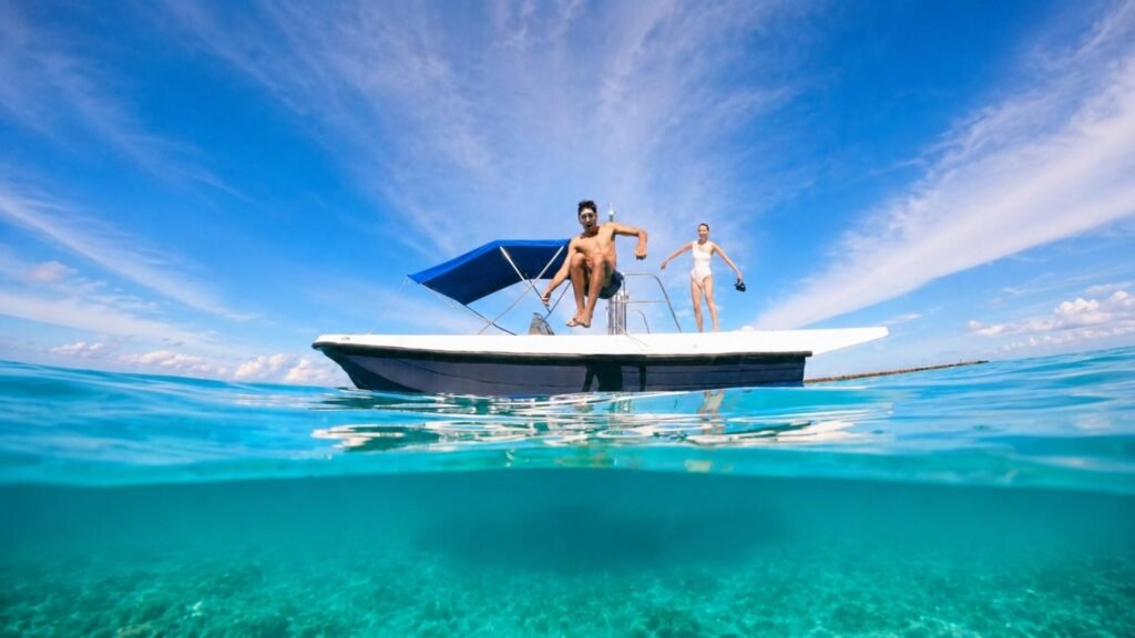 Travellers enjoying a Maldives boat trip and water activity in clear turquoise lagoon waters.