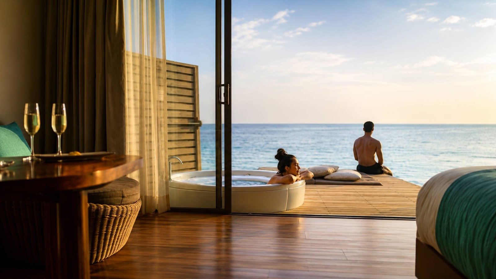 Lagoon villa terrace with private swirl pool and ocean view at Centara Ras Fushi Resort Maldives.