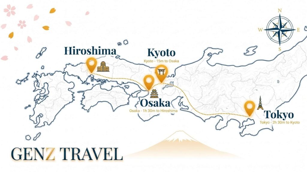Illustrated map of Japan highlighting Tokyo, Kyoto, Osaka and Hiroshima for a UK traveller Japan itinerary