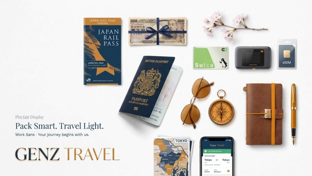 Japan travel essentials flat-lay with British passport, JR Pass and yen for UK Japan budget guide 2026