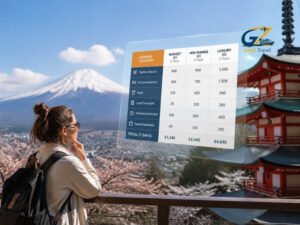 UK female traveller looking at a floating Japan trip cost table with Mount Fuji, cherry blossoms, and a traditional pagoda in the background.