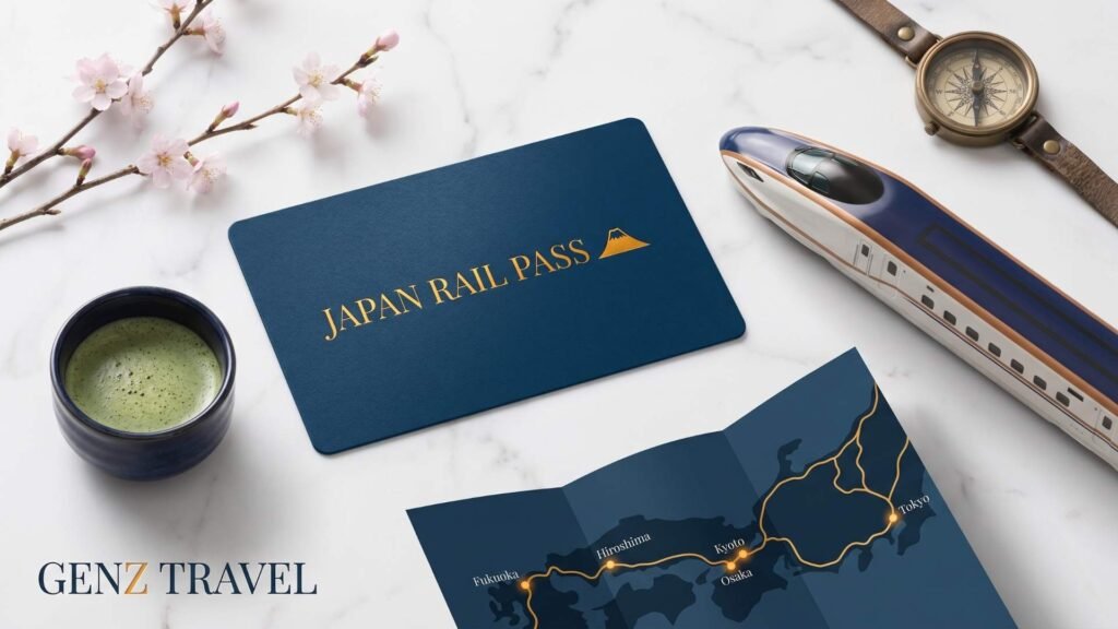 JR Pass card with Shinkansen bullet train and Japan rail route map for UK travellers visiting Japan