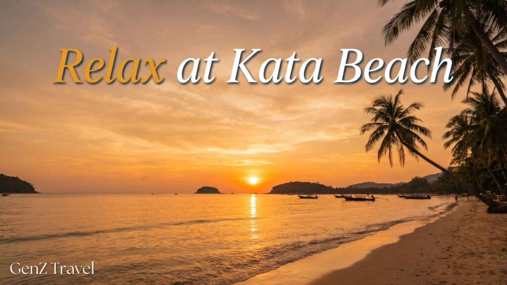 Kata Beach Phuket sunset with golden sky, palm trees silhouette and calm ocean waves