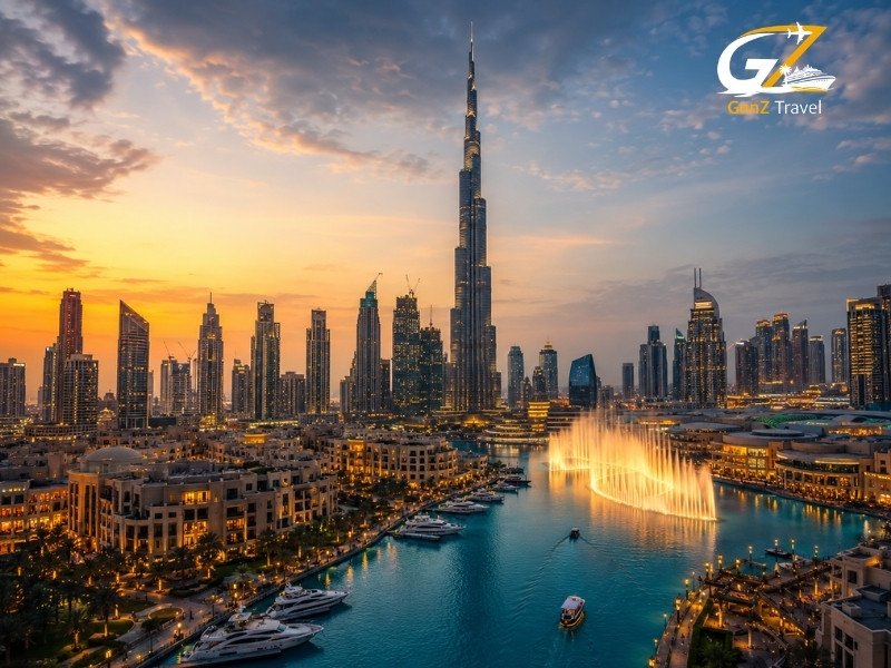 Dubai skyline at sunset with Burj Khalifa and marina, representing cost of living in Dubai 2026