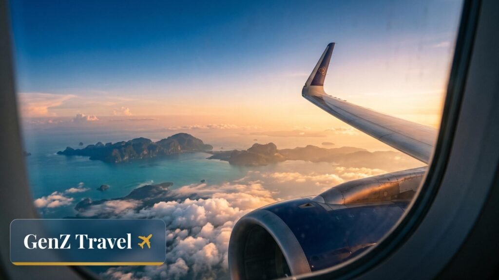 Airplane wing view flying from London to Thailand at sunset showing travel route over clouds and tropical islands representing UK to Thailand flight experience