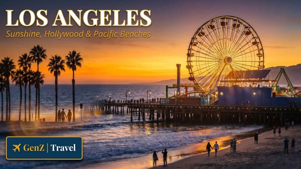 Los Angeles Santa Monica Pier at sunset, one of the best places to visit in USA from the UK
