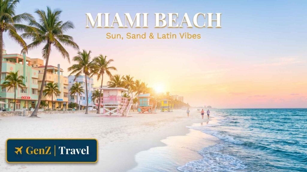 Miami South Beach with turquoise water and Art Deco hotels, a popular USA beach holiday destination