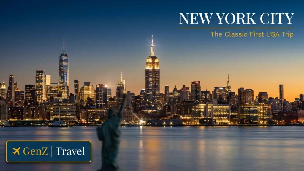 New York City skyline at sunset, one of the best places to visit in USA for first-time UK travellers