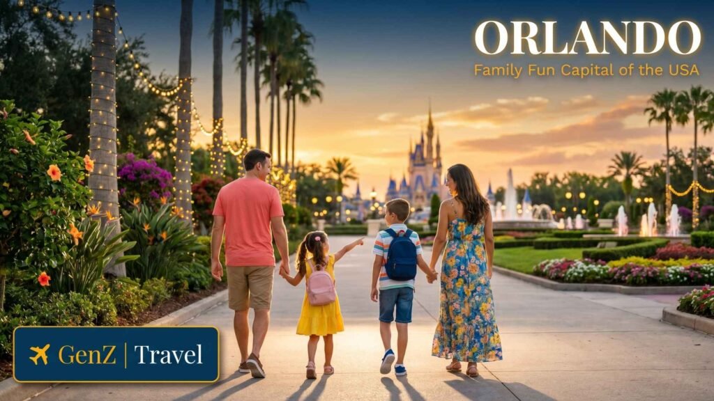 Family walking through an Orlando theme park, one of the best places to visit in USA with children