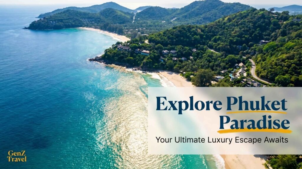 Aerial view of Phuket coastline with turquoise waters, white sand beaches, and tropical landscape in Thailand