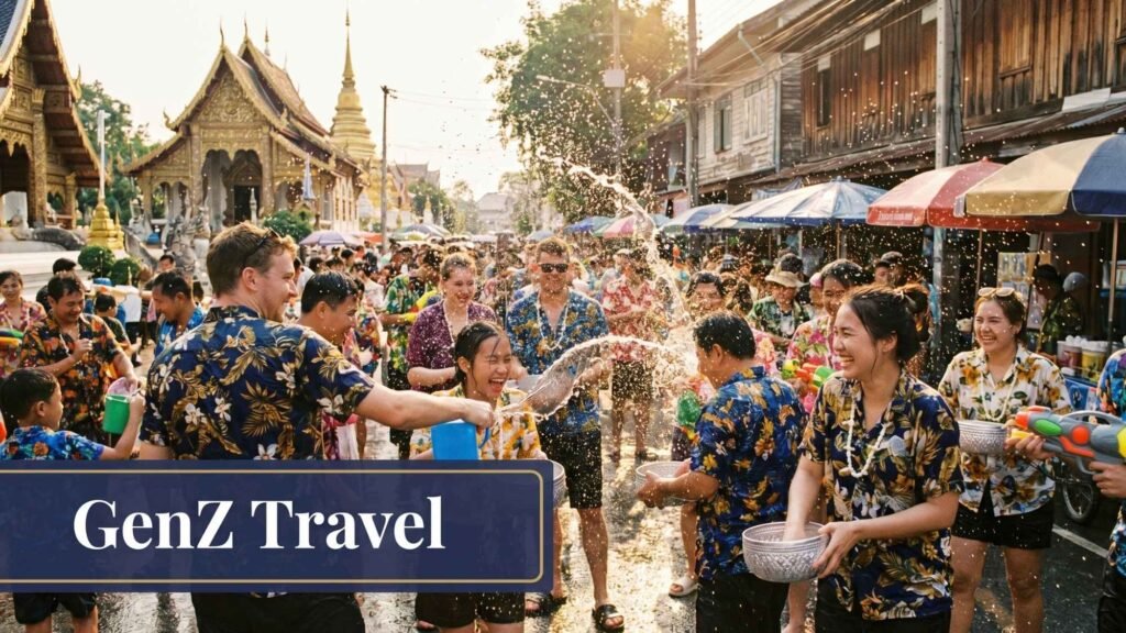 Songkran Festival in Thailand with tourists and locals celebrating Thai New Year water festival