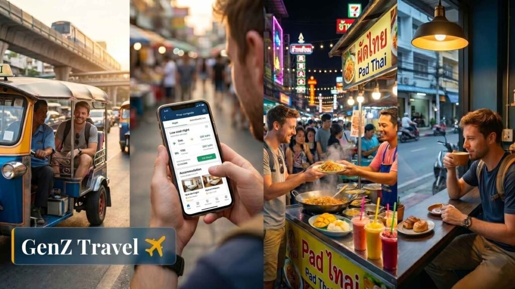 Budget travel scene in Thailand showing a traveler using local transport, eating street food, visiting night markets and small cafés to save money while traveling Thailand affordably