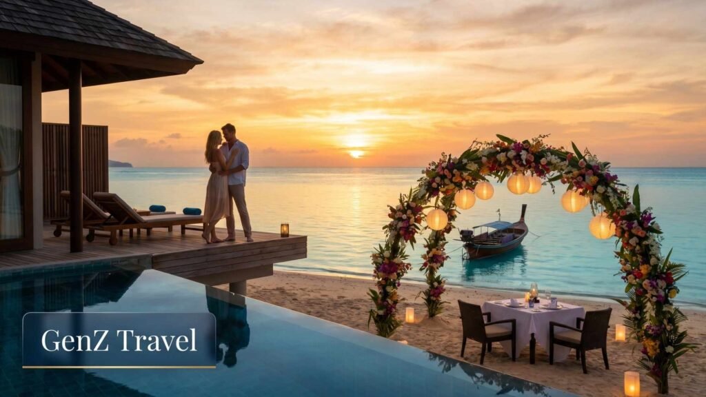 Romantic Thailand honeymoon scene with luxury pool villa, beach sunset and couple dinner representing honeymoon travel cost and packages