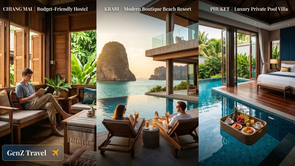 Thailand accommodation comparison showing budget hostel, mid-range resort and luxury private villa in Phuket for travel cost guide 2026
