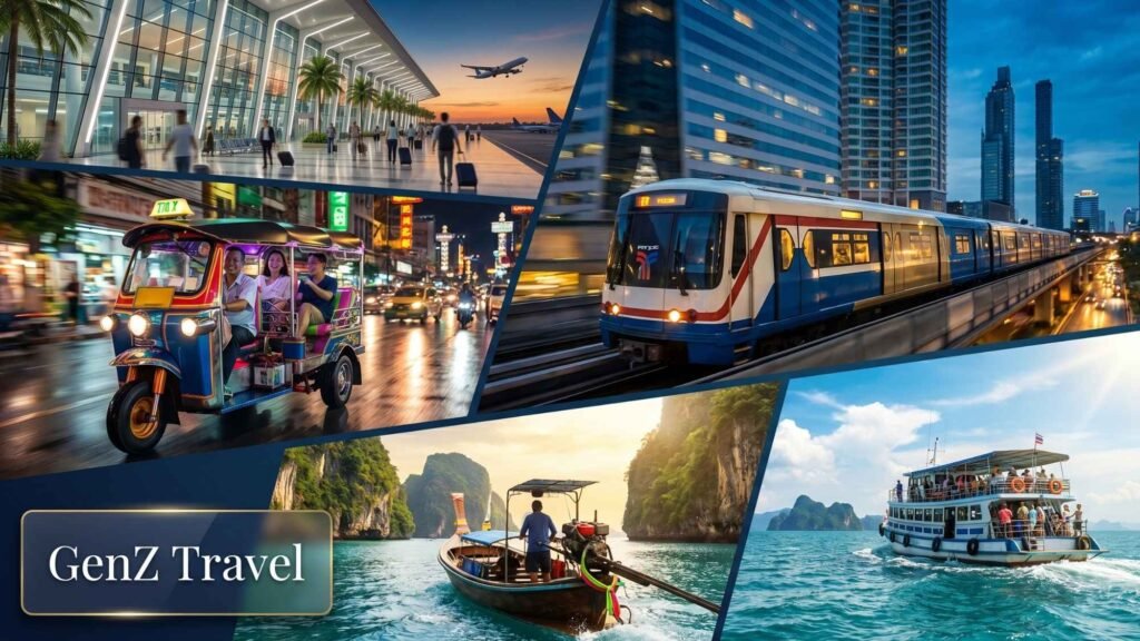 Thailand transportation options including tuk-tuk, BTS Skytrain, ferry boats and long-tail boats showing travel costs across cities and islands