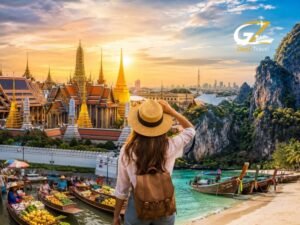 Cinematic Thailand travel collage showing Bangkok temples, Phuket beaches, Krabi cliffs, floating markets, and a traveler viewing scenic landscapes for Thailand Trip Cost Guide 2026