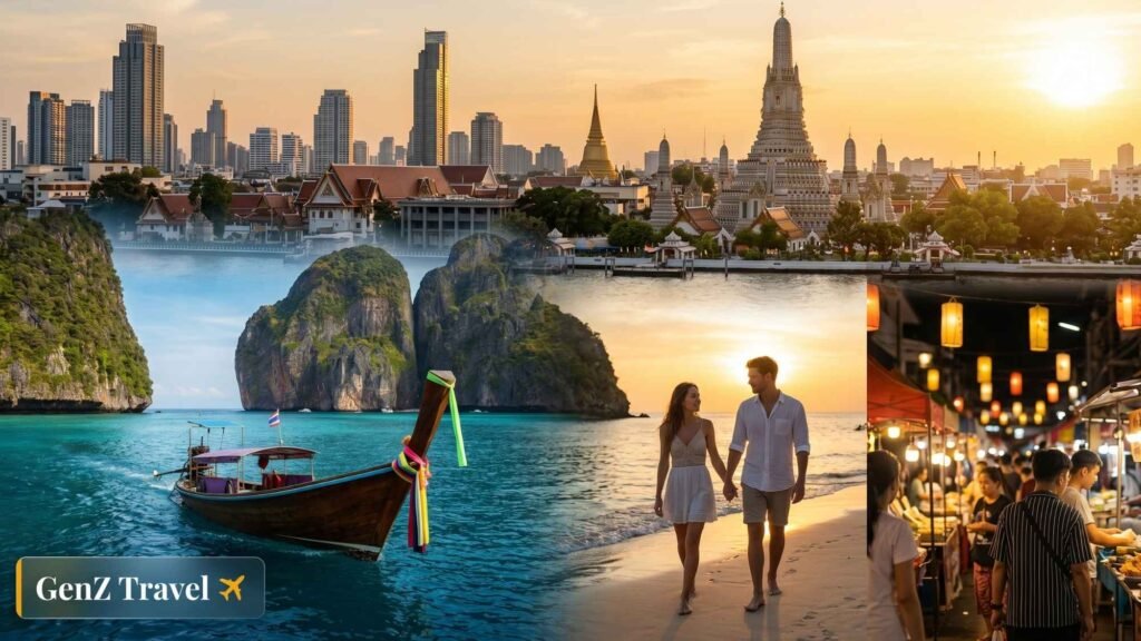 Luxury Thailand travel collage showing Bangkok skyline, Phuket beaches, Krabi cliffs, and a romantic couple at sunset for Thailand Trip Cost Guide 2026 UK travellers