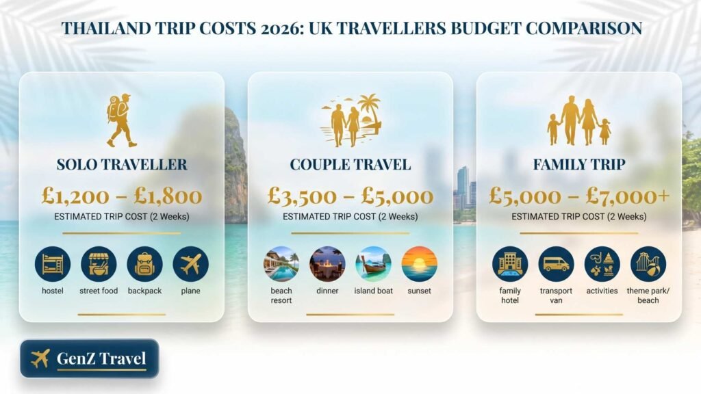 Thailand travel budget comparison showing solo traveler, couple, and family trip costs with simple infographic cards and icons for easy understanding of Thailand trip expenses