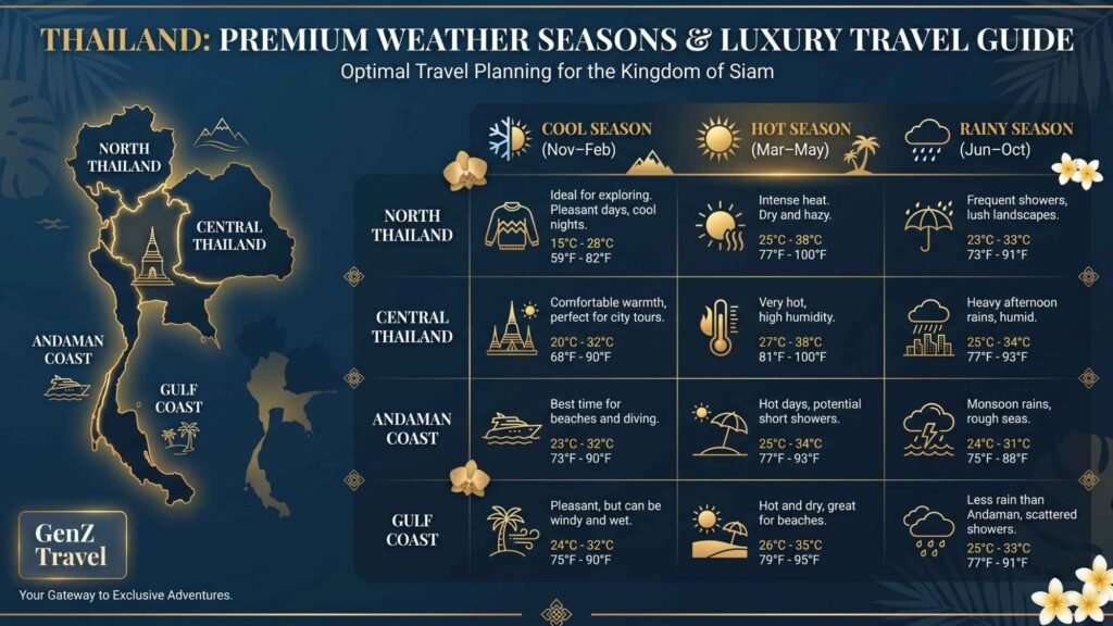 Thailand weather seasons infographic showing cool hot and rainy seasons by region