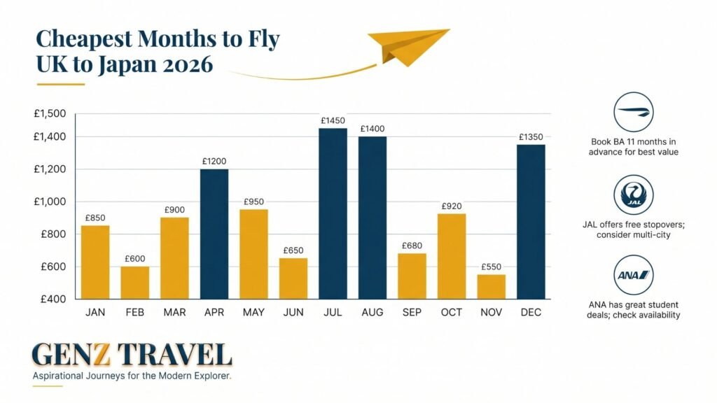 Monthly UK to Japan flights cost comparison infographic for 2026 budget travel Japan