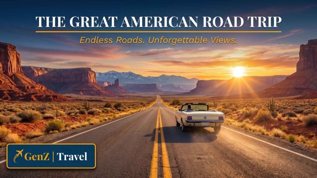 Open American highway through desert mountains, representing the classic USA road trip experience
