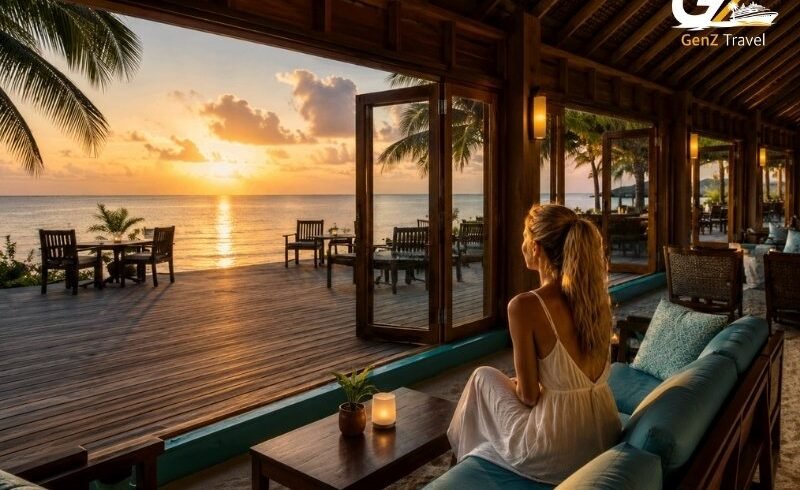 UK female traveller sitting on a teal-cushioned sofa in an open-air lounge at Canareef Resort Maldives, enjoying the ocean sunset view.