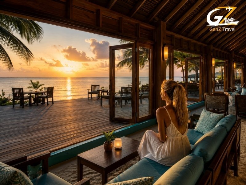 UK female traveller sitting on a teal-cushioned sofa in an open-air lounge at Canareef Resort Maldives, enjoying the ocean sunset view.