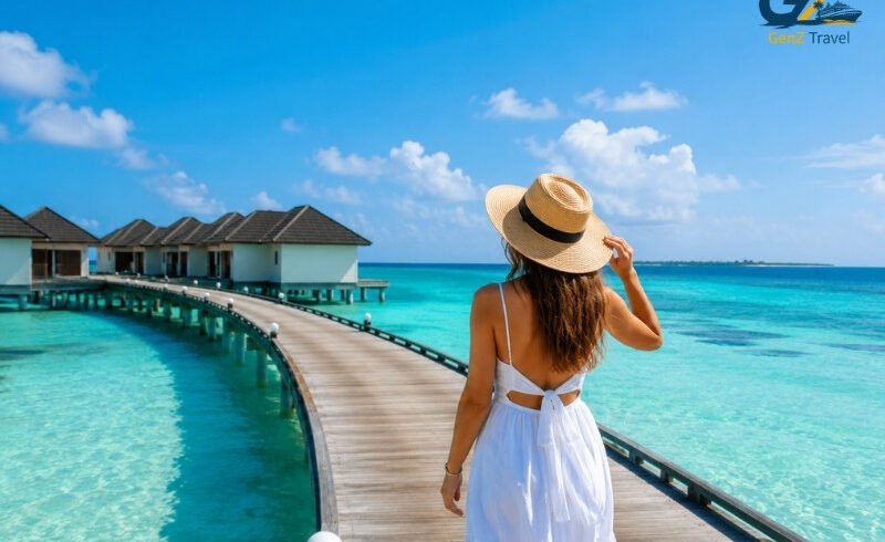 UK female traveller walking on a boardwalk toward overwater villas at Cinnamon Dhonveli Maldives with turquoise waters and clear blue sky.