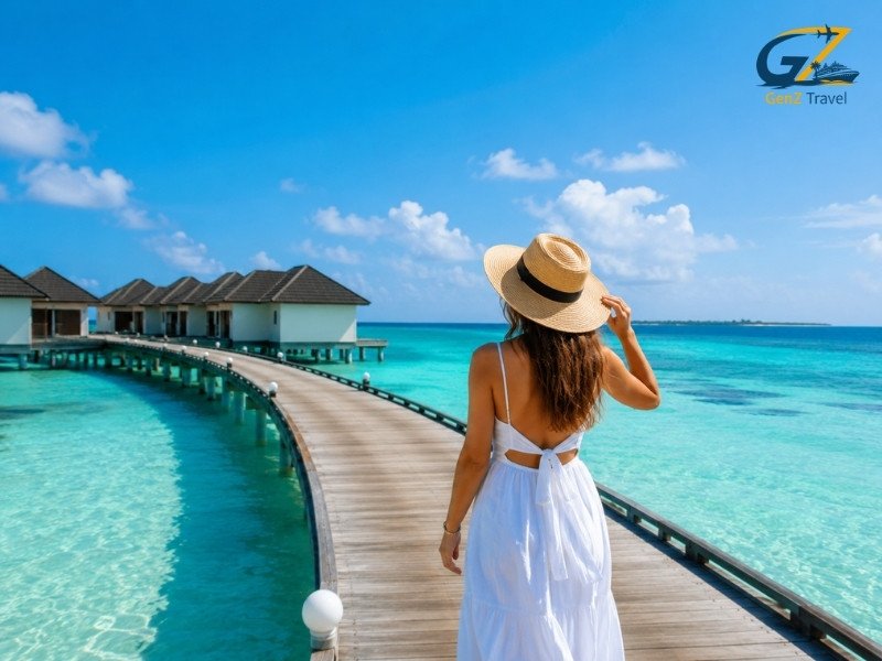 UK female traveller walking on a boardwalk toward overwater villas at Cinnamon Dhonveli Maldives with turquoise waters and clear blue sky.